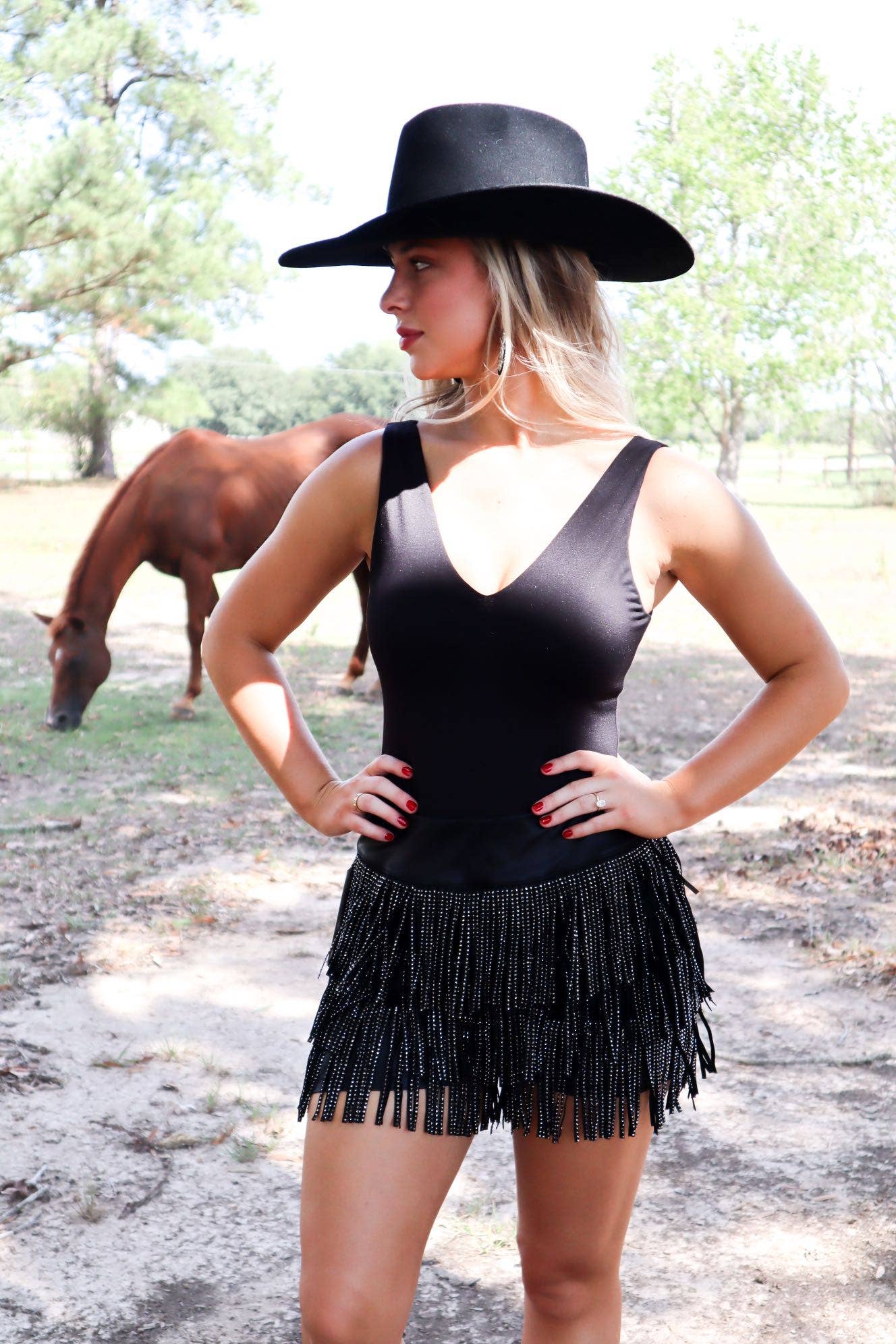 Catalena Fringe Rhinestone Skort - Black