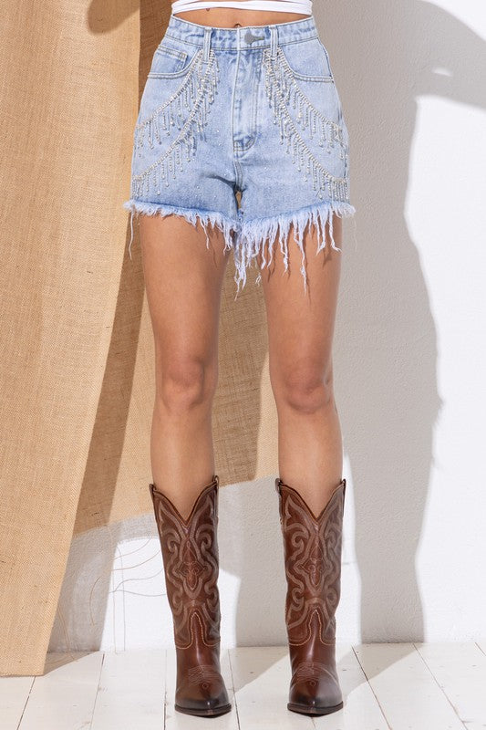 Gem Rhinestone Fringe Denim Shorts