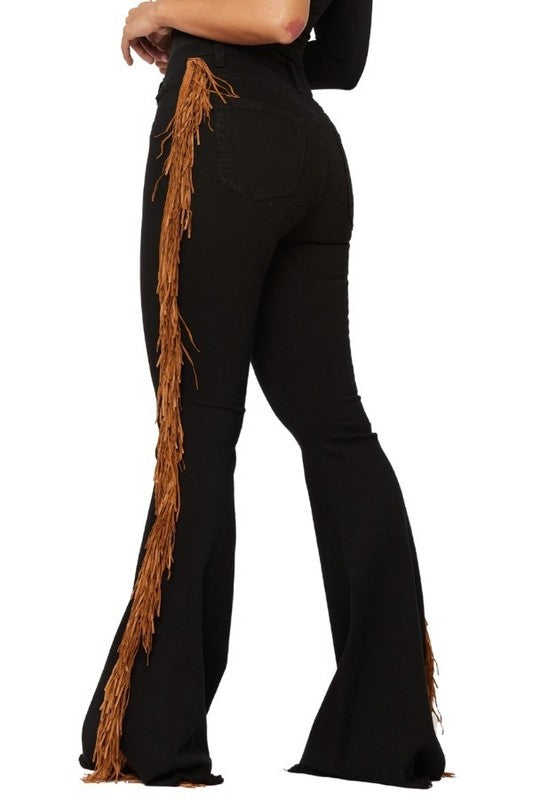 Black Bell Bottom Jean with side fringe detail