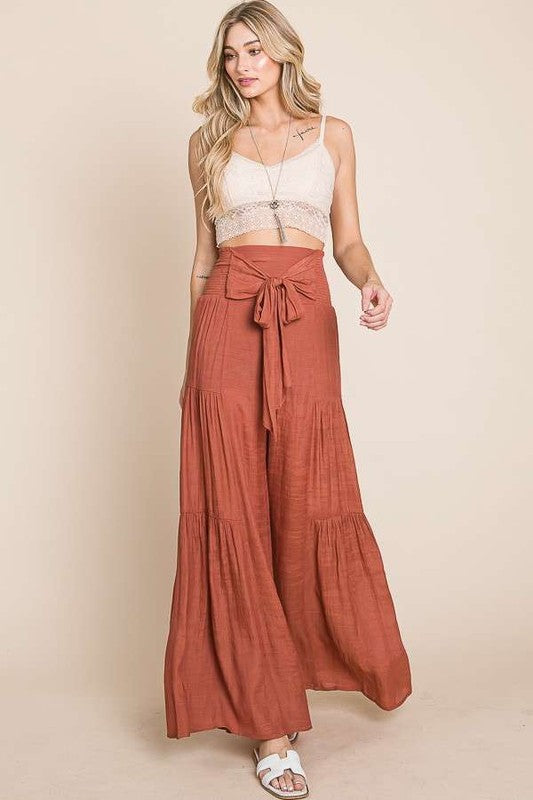 Tie front ruched waist back pants