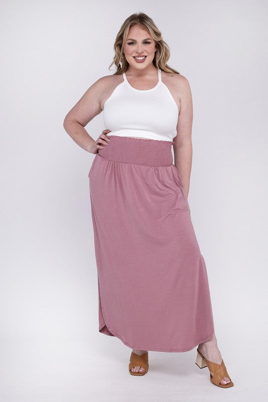 Plus Smocked Waist Side Slit Maxi Skirt w/ Pockets