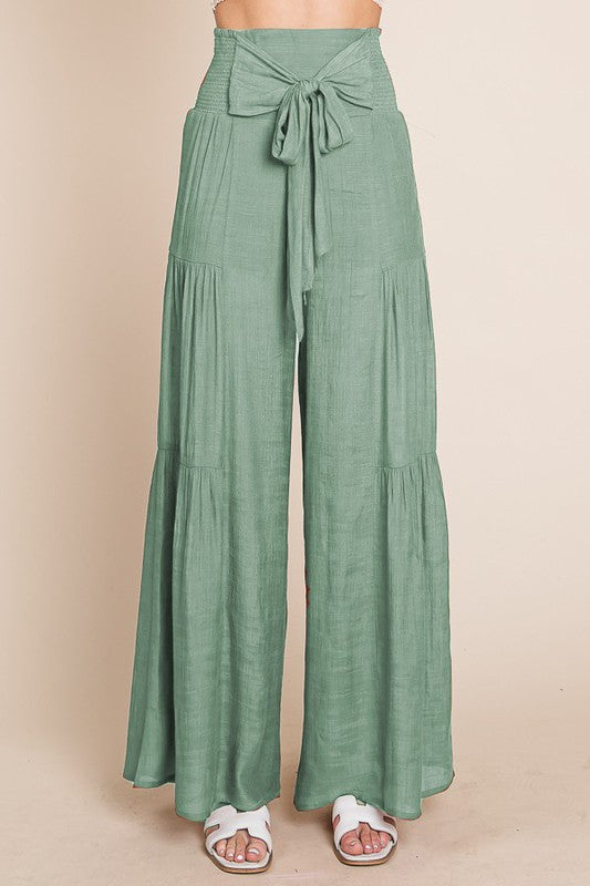 Tie front ruched waist back pants